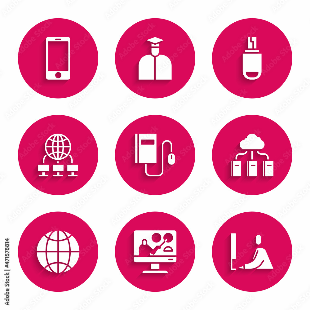 Set Electronic book with mouse, Online education, Student working laptop, Cloud online library, Social network, Computer, USB flash drive and Mobile phone icon. Vector Set Electronic book with mouse, Online education, Student working laptop, Cloud online library, Social network, Computer, USB flash drive and Mobile phone icon. Vector