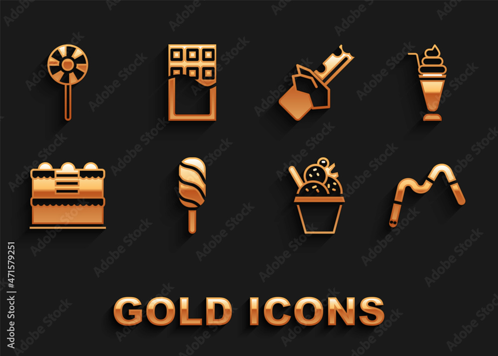 Set Ice cream, Milkshake, Jelly worms candy, in bowl, Cake, Bitten chocolate bar, Lollipop and Chocolate icon. Vector Set Ice cream, Milkshake, Jelly worms candy, in bowl, Cake, Bitten chocolate bar, Lollipop and Chocolate icon. Vector