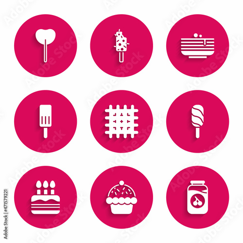 Set Cracker biscuit  Cupcake  Cherry jam jar  Ice cream  Cake with burning candles  Stack of pancakes and Lollipop icon. Vector