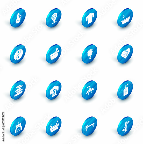 Set Massage, Bathtub, Yin Yang, Stack hot stones, Mortar and pestle, and Sauna broom icon. Vector