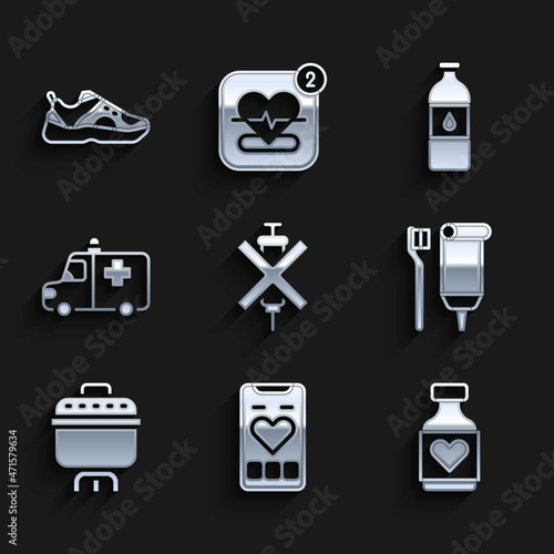 Set No doping syringe, Mobile with heart rate, Vitamin pill, Toothbrush and toothpaste, Cooking pot, Ambulance emergency car, Bottle of water and Sport sneakers icon. Vector