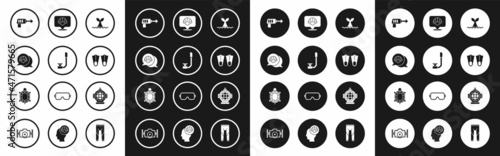 Set Whale tail in ocean wave, Snorkel, Scallop sea shell, Fishing harpoon, Rubber flippers, Aqualung and Turtle icon. Vector