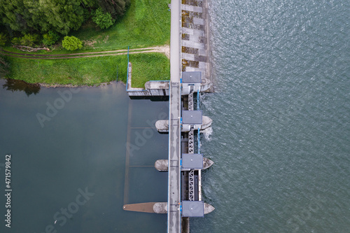 Drone aerial photo of dam of Goczalkowice Reservoir in Silesian Province of Poland