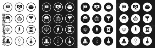 Set Jewish sweet bakery, Pomegranate, kippah, Flag of Israel, goblet, Star David, Torah scroll and Hanukkah menorah icon. Vector