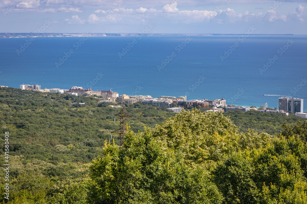Aerial view of Golden Sands Nature Park in Bulgaria, view with Golden Sands town
