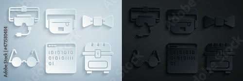 Set Binary code, Bow tie, Eyeglasses, Antique treasure chest, Waist bag of banana and Virtual reality icon. Vector