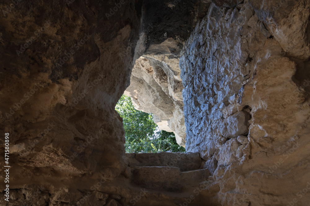 Narrow passage in Aladzha Orthodox cave monastery in Golden Sands Nature Park, Bulgaria