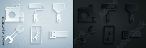 Set Mobile service, Putty knife, Wrench spanner, Hand saw, Paint roller brush and bucket icon. Vector