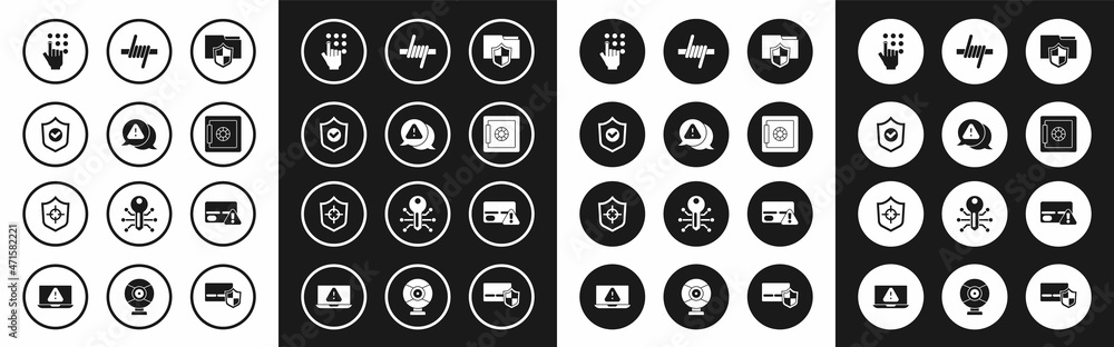 Set Document folder protection, Exclamation mark in triangle, Shield with check, Password, Safe, Barbed wire, Credit card and icon. Vector Set Document folder protection, Exclamation mark in triangle, Shield with check, Password, Safe, Barbed wire, Credit card and icon. Vector