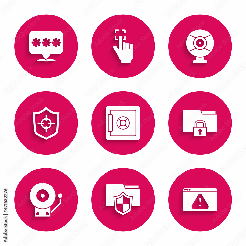 Set Safe, Document folder protection, Browser with exclamation mark, Folder and lock, Ringing alarm bell, Shield, Security camera and Password icon. Vector