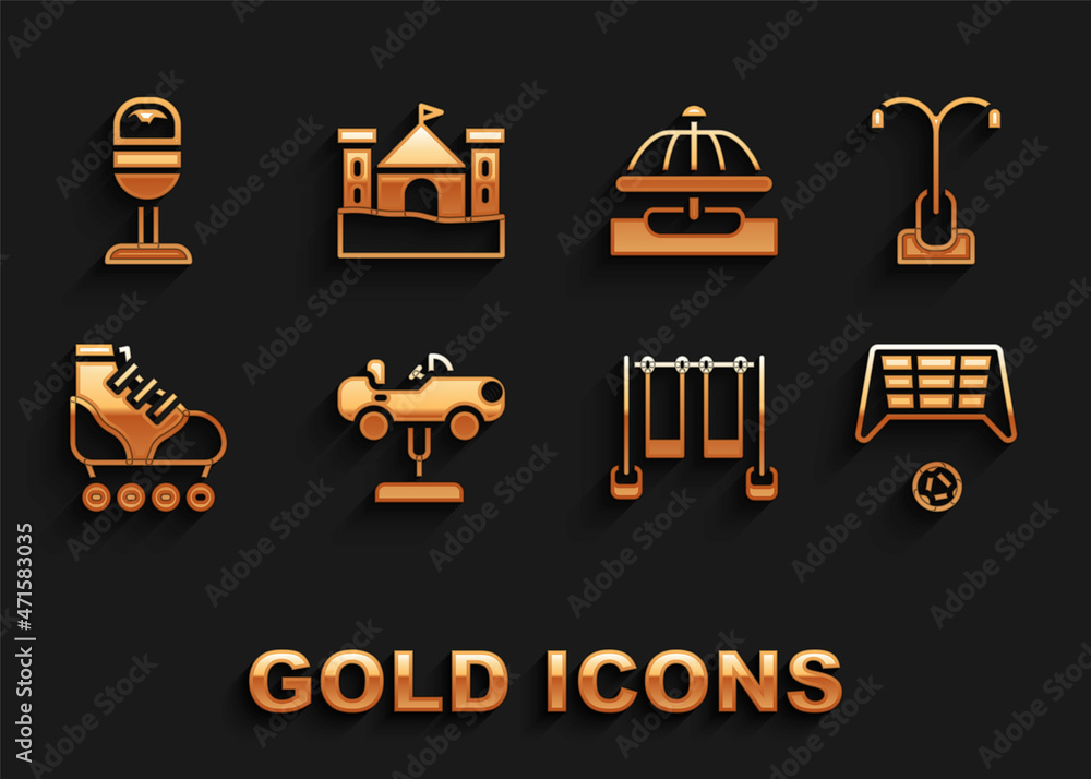 Set Swing car, Street light, Soccer goal with ball, Double swing, Roller skate, Attraction carousel, Trash can and Sand castle icon. Vector Set Swing car, Street light, Soccer goal with ball, Double swing, Roller skate, Attraction carousel, Trash can and Sand castle icon. Vector
