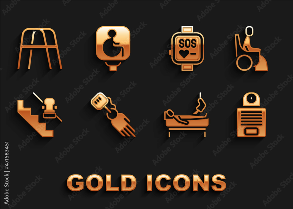Set Prosthesis hand, Woman in wheelchair, Intercom, Patient with broken leg, Disabled elevator, Smart watch, Walker and icon. Vector Set Prosthesis hand, Woman in wheelchair, Intercom, Patient with broken leg, Disabled elevator, Smart watch, Walker and icon. Vector