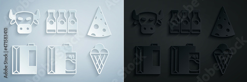 Set Paper package for milk, Cheese, kefir, Ice cream in waffle cone, Bottle with and Cow head icon. Vector