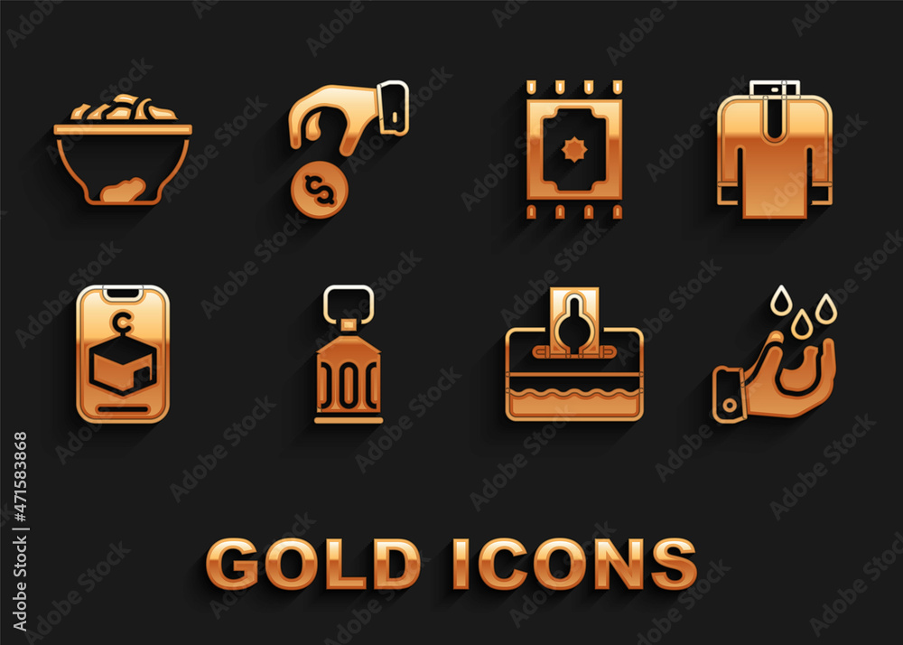 Set Ramadan Kareem lantern, Shirt kurta, Wudhu, Donate or pay your zakat, Star and crescent, Traditional carpet, Date fruit in bowl and icon. Vector Set Ramadan Kareem lantern, Shirt kurta, Wudhu, Donate or pay your zakat, Star and crescent, Traditional carpet, Date fruit in bowl and icon. Vector