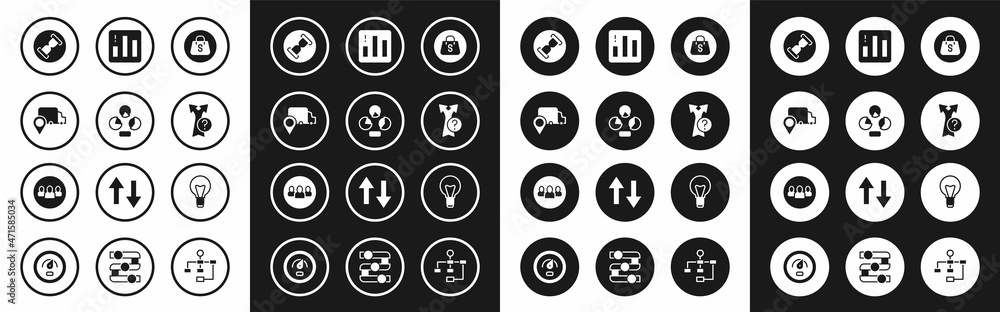 Set Shopping bag with Sale, Pie chart infographic, Delivery tracking, Old hourglass sand, Arrow, Light bulb and Project team base icon. Vector Set Shopping bag with Sale, Pie chart infographic, Delivery tracking, Old hourglass sand, Arrow, Light bulb and Project team base icon. Vector