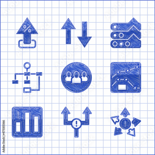 Set Project team base, Arrow, Many ways directional arrow, Graph, chart, diagram, Pie infographic, Hierarchy organogram, and Percent up icon. Vector