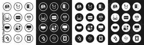 Set Case of computer, Hard disk drive HDD, Router and wi-fi signal, Optical disc, Web camera, Electric plug, Computer monitor screen and icon. Vector