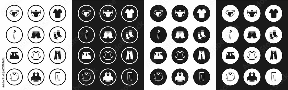 Set T-shirt, Short or pants, Umbrella, Men underpants, Socks, Pants and Skirt icon. Vector