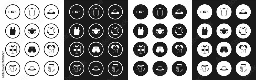 Set Man hat, Men underpants, Undershirt, Belt, Sweater, T-shirt, and Shirt icon. Vector Set Man hat, Men underpants, Undershirt, Belt, Sweater, T-shirt, and Shirt icon. Vector