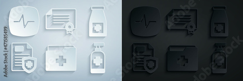 Set Patient record, Medicine bottle and pills, Antibacterial soap, Certificate template and Heart rate icon. Vector