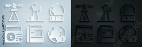 Set News, Live report, on radio channel, World news, Antenna and Satellite icon. Vector