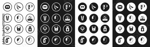 Set Hair dryer, Baldness, Curling iron for hair, Mustache and beard, Oil care treatment, Straight razor, Aftershave and Hand mirror icon. Vector