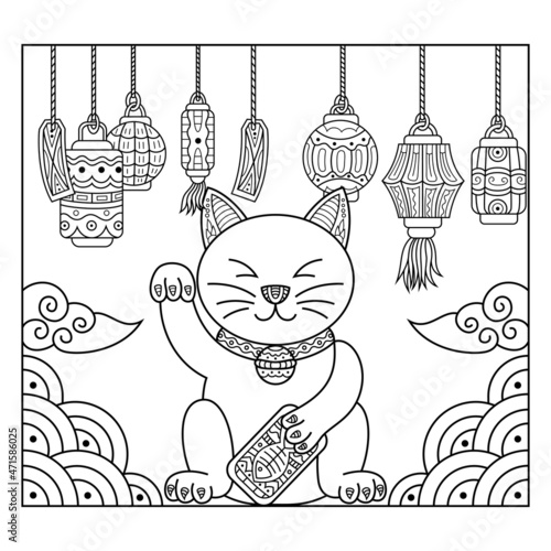 Hand drawn of maneki neko in zentangle style