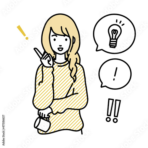 立って素晴らしいアイデアをひらめいたリモートワークの女性 フキダシに電球と感嘆符のセット