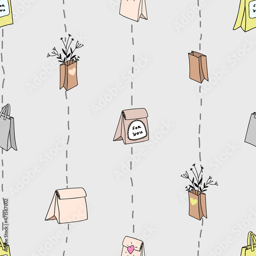 Seamless pattern with craft bags and shoppers. Vector illustration for printing on packaging paper. The concept of reasonable consumption, environmental friendliness and preservation of the planet.