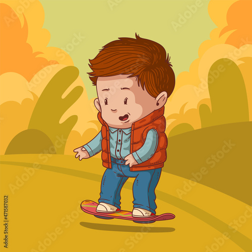 Enthusiastic little boy on flyboard. Cute vector illustration of lovely boy wearing blue shirt, red vest, jeans and sneakers, balancing on a flyboard. Child character, hipster kid, nice toddler