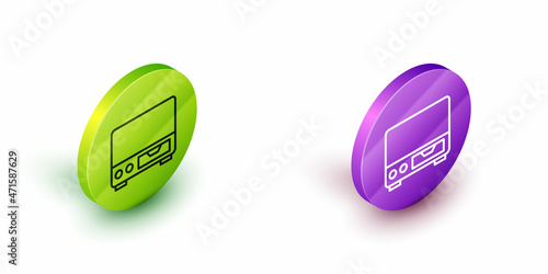 Isometric line Old video cassette player icon isolated on white background. Old beautiful retro hipster video cassette recorder. Green and purple circle buttons. Vector