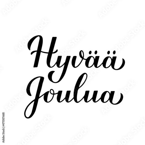 Hyvaa Joulua calligraphy hand lettering isolated on white. Merry Christmas typography poster in Finnish. Easy to edit vector template for greeting card, banner, flyer, sticker, etc