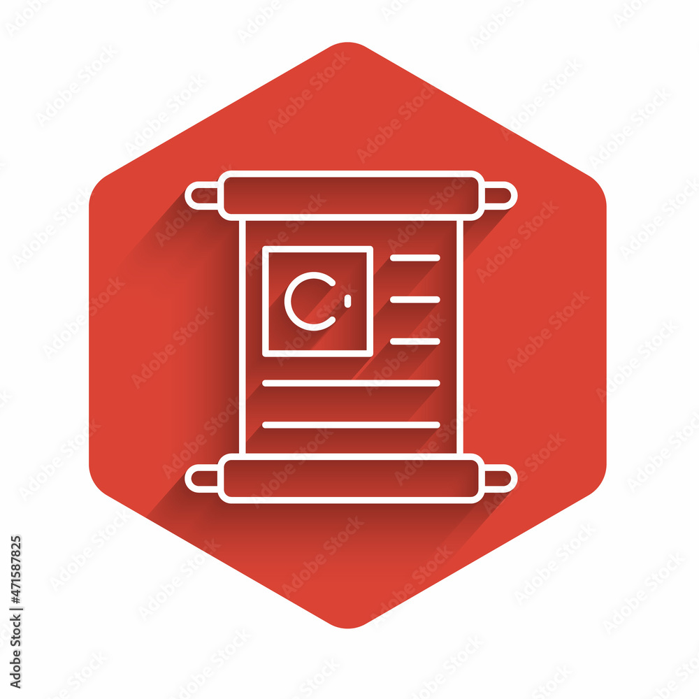 White line Holy book of Koran icon isolated with long shadow background. Muslim holiday, Eid Mubarak, Eid al-fitr, Ramadan Kareem. Red hexagon button. Vector White line Holy book of Koran icon isolated with long shadow background. Muslim holiday, Eid Mubarak, Eid al-fitr, Ramadan Kareem. Red hexagon button. Vector