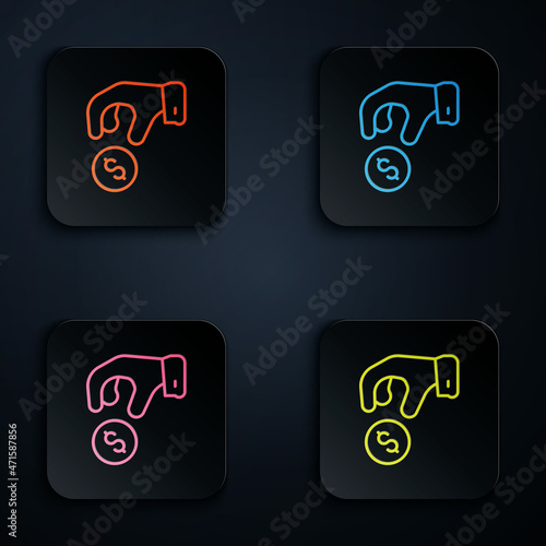 Color neon line Donate or pay your zakat as muslim obligatory icon isolated on black background. Muslim charity or alms in ramadan kareem before eid al-fir. Set icons in square buttons. Vector