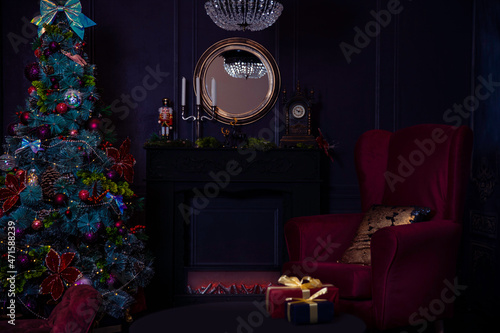 Christmas scene with christmas tree and fireplace