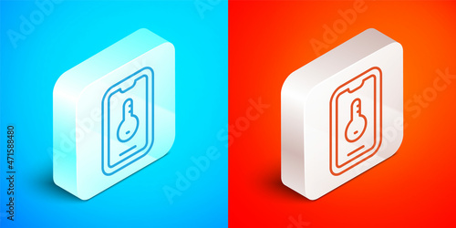 Isometric line Online real estate house on smartphone icon isolated on blue and red background. Home loan concept, rent, buy, buying a property. Silver square button. Vector