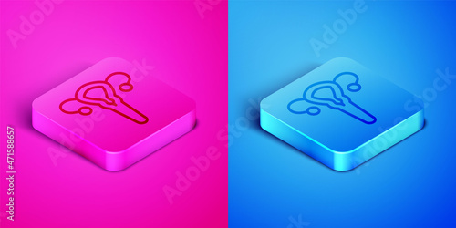 Isometric line Female reproductive system icon isolated on pink and blue background. Anatomy. Gynecology. Woman health. Square button. Vector