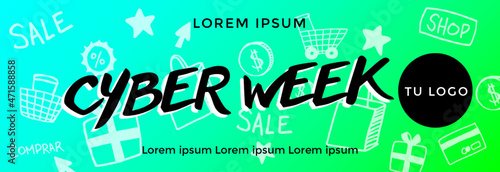 Cyber week banner verde flúo con iconos e-commerce