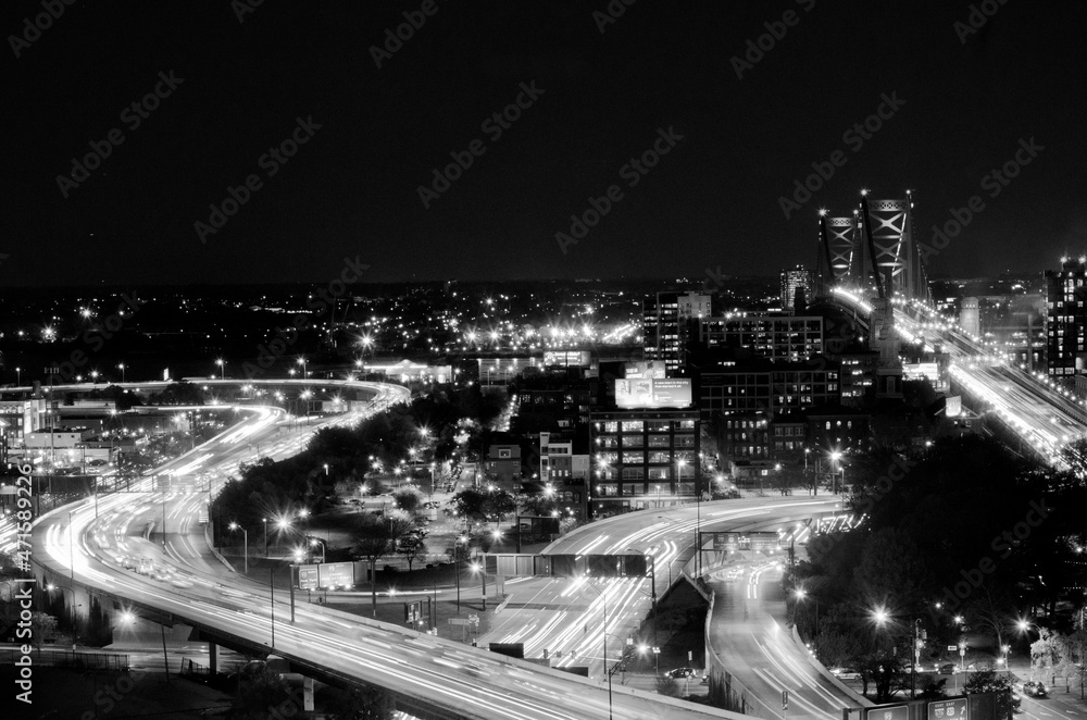 View of Philadelphia, Ben Frankling Bridge and Highways at Night