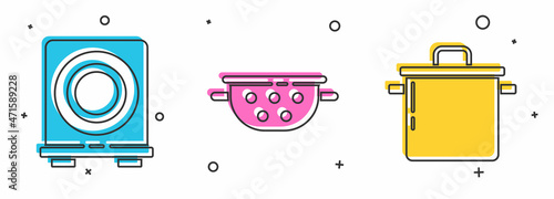 Set Electric stove, Kitchen colander and Cooking pot icon. Vector