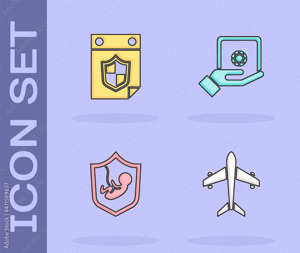 Set Plane, Calendar with shield, Life insurance and Safe hand icon. Vector Set Plane, Calendar with shield, Life insurance and Safe hand icon. Vector