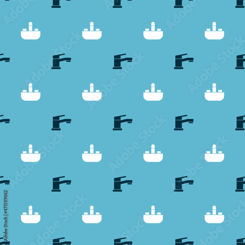 Set Water tap and Washbasin with water on seamless pattern. Vector