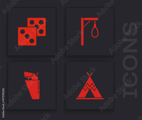 Set Indian teepee or wigwam, Game dice, Gallows and Revolver gun in holster icon. Vector