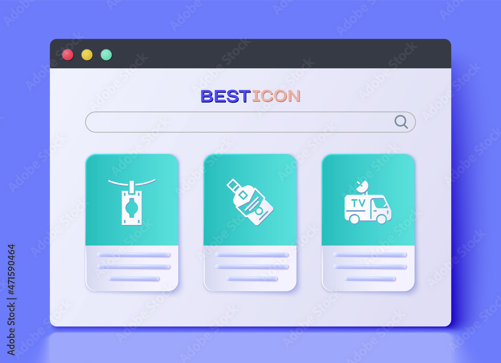 Set Whiskey bottle, Money laundering and TV News car icon. Vector Set Whiskey bottle, Money laundering and TV News car icon. Vector