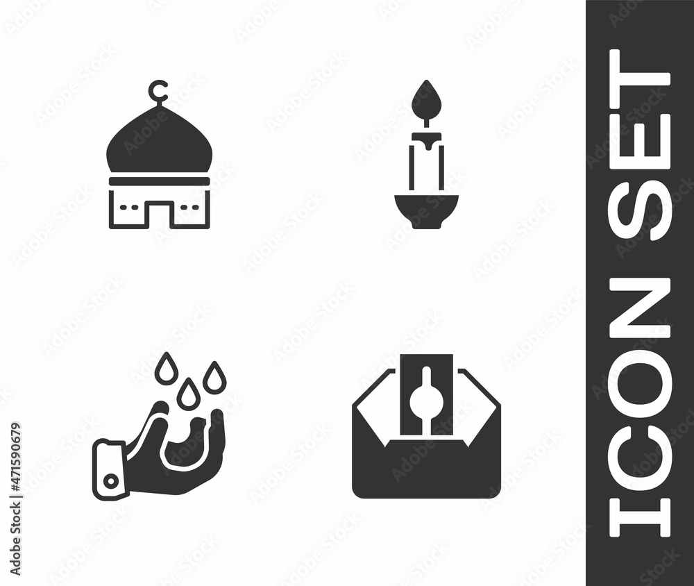 Set Donate or pay your zakat, Muslim Mosque, Wudhu and Burning candle icon. Vector Set Donate or pay your zakat, Muslim Mosque, Wudhu and Burning candle icon. Vector