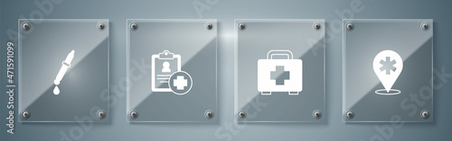Set Location hospital, First aid kit, Patient record and Pipette. Square glass panels. Vector