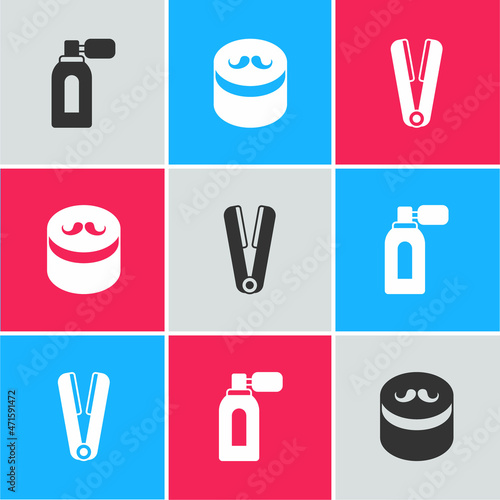 Set Aftershave with atomizer, Gel or wax for hair styling and Curling iron icon. Vector