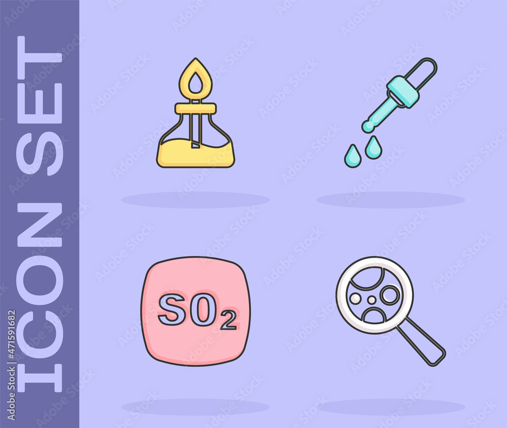 Set Microorganisms under magnifier, Alcohol spirit burner, Sulfur dioxide SO2 and Pipette icon. Vector Set Microorganisms under magnifier, Alcohol spirit burner, Sulfur dioxide SO2 and Pipette icon. Vector