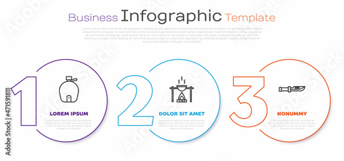 Set line Canteen water bottle, Campfire and pot and Camping knife. Business infographic template. Vector