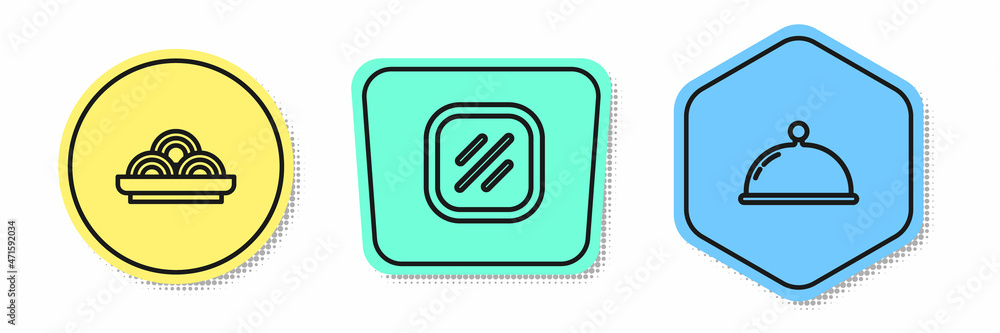 Set line Asian noodles in bowl, Steak meat and Covered with tray. Colored shapes. Vector Set line Asian noodles in bowl, Steak meat and Covered with tray. Colored shapes. Vector